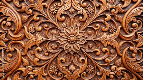 Detailed description 1 Close-up shot of an intricate wood carving texture with swirling patterns and detailed floral motifs
