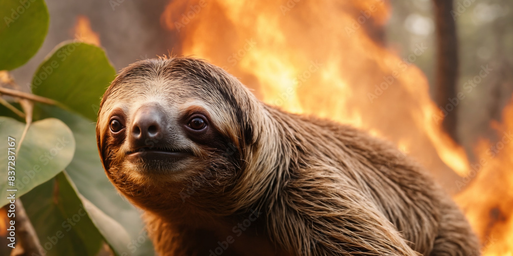 Fototapeta premium Wild sloth trying to save from the fire. Fire glow, burning charred trees and dark smoke destroying wild natural habitat. Wildfire, climate change and extreme heat. concept of natural disasters.
