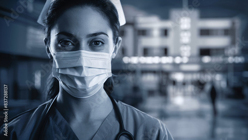portrait of tired over-worked female nurse wearing face mask, emergency or ICU room, desaturated cold photography