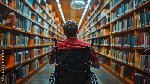 A young man in a wheelchair is sitting at the bookshelves of a library. Knowledge concept.