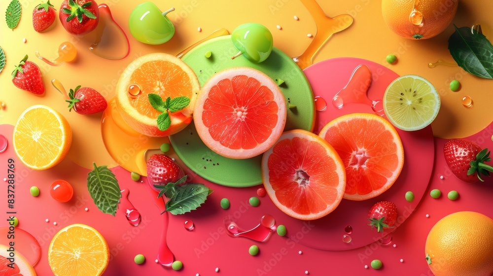 Vibrant abstract composition of fruit-inspired business concepts, dynamic shapes, colorful patterns, innovative designs, fresh produce, juicy colors, modern aesthetics, 4K resolution, no people Vibrant abstract composition of fruit-inspired business concepts, dynamic shapes, colorful patterns, innovative designs, fresh produce, juicy colors, modern aesthetics, 4K resolution, no people