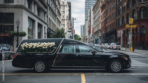 side view of a black hearse decorated with flowers, going to a funeral