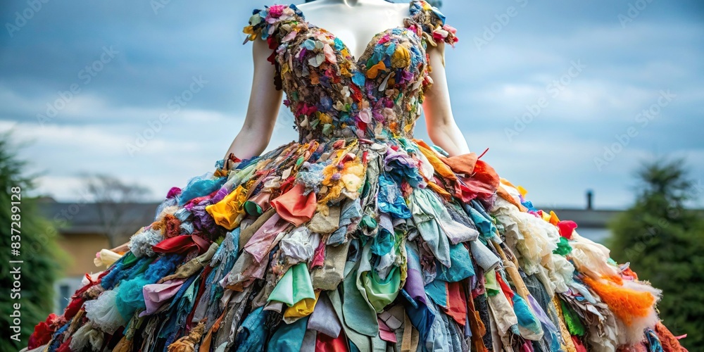 Dress made from discarded clothing items, symbolizing fast fashion pollution