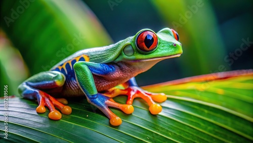 Colorful frog perched on green leaf photo