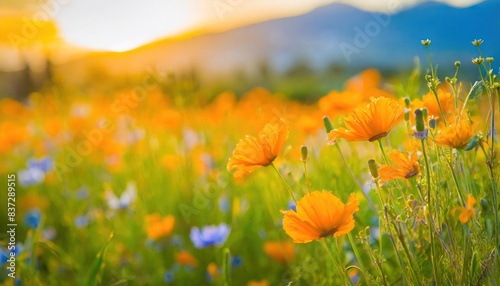 beautiful colorful meadow of wild flowers floral background  landscape with red flowers with sunset and blurred background 