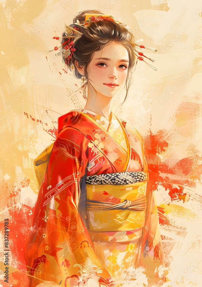 Naklejka premium An illustration of a Japanese woman in a red kimono