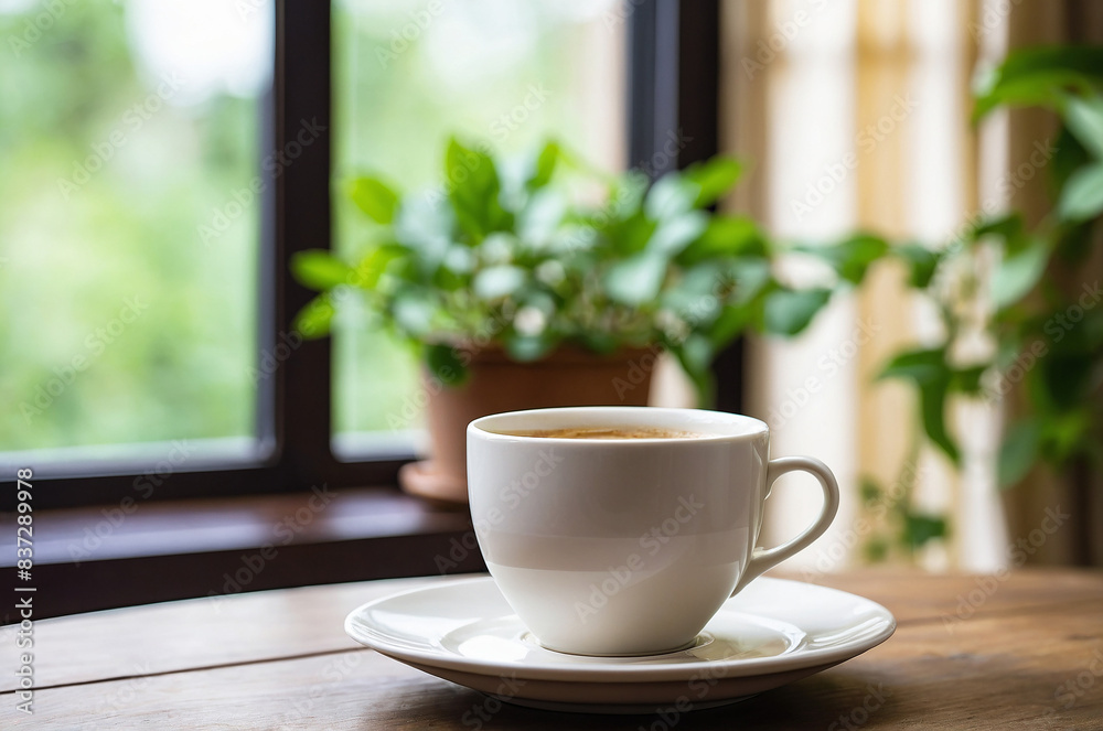 Cup of coffee on a wooden table in front of the window Cup of coffee on a wooden table in front of the window