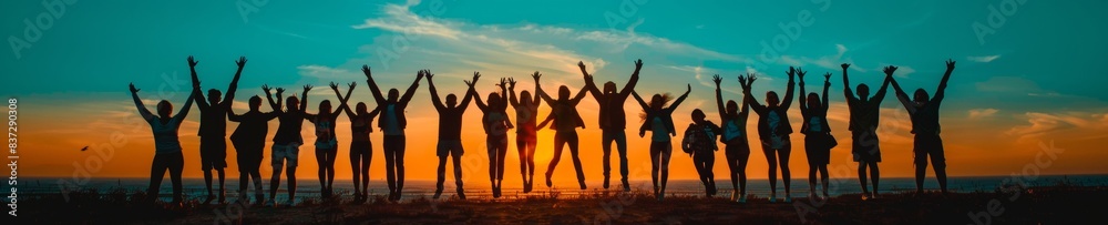 Celebrating Diversity: Group of Multiethnic Friends Jumping on Beach at Sunset, Embracing Friendship and Joy Celebrating Diversity: Group of Multiethnic Friends Jumping on Beach at Sunset, Embracing Friendship and Joy