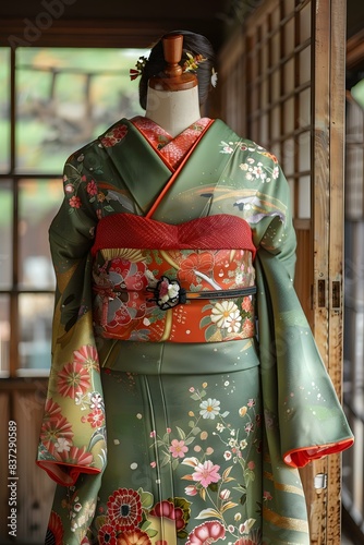 A kimono with a floral pattern and a red obi sash