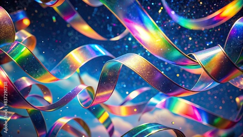 Colorful celestial ribbons made of holographic strips floating in the air photo