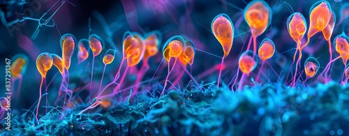 Vibrant Microscopic View of Fungal Threads.
Fluorescent Fungal Hyphae in Detail.
Colorful Fungi Filaments Under Magnification photo