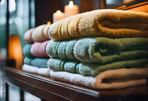 A stack of fresh, clean towels stacked on nightstand, against background of burning candles