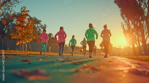 Morning Run in the Park  Mixed Group of Friends Embrace Fitness and Friendship at Sunrise
