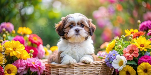 Fluffy Shih Tzu puppy sitting in a basket, surrounded by colorful flowers photo
