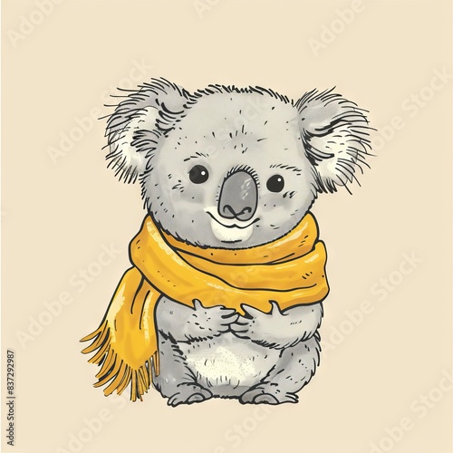 Adorable illustration of a koala wearing a yellow scarf, perfect for children's books, cards, or decorations. photo