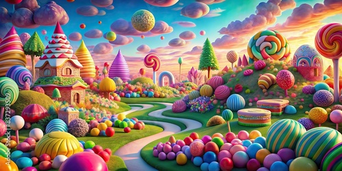 Vibrant and whimsical  of a candyland dream landscape made of multicolored candies