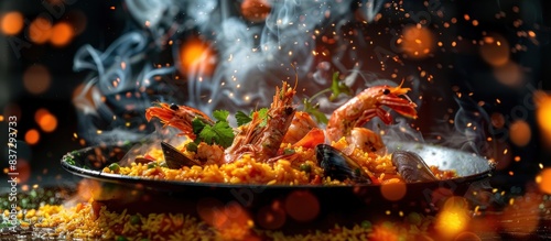Paella food, traditional spanish seafood paella in pan, nasi goreng seafood indonesian food photo