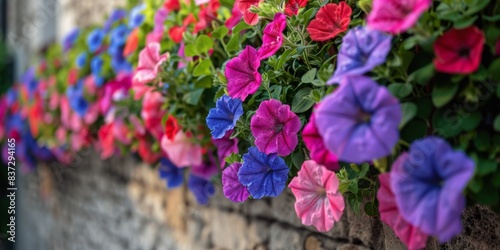 Colorful Petunia Flowers Blooming on a Stone Wall