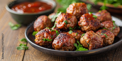 Closeup of Delicious Glazed Meatballs With Parsley Garnish on a Black Plate