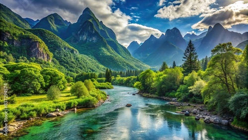 Tranquil nature landscape with lush greenery, flowing rivers, and majestic mountains