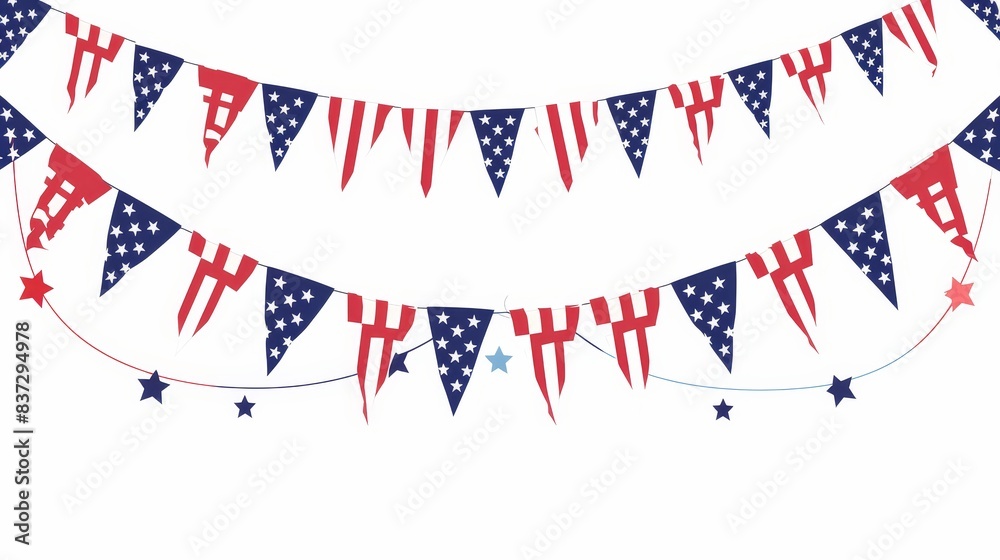 Obraz premium Colorful American flag bunting in a flat design, representing national pride and freedom, set against a white background (focus on, freedom theme, vibrant, Overlay, plain white backdrop)