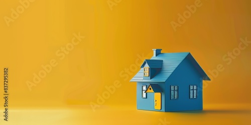 A small, illuminated house against a vast, yellow background, symbolizing warmth, comfort, and solitude. Banner with copy space. Mortgage, subsidies. Renovation. Purchase of housing.