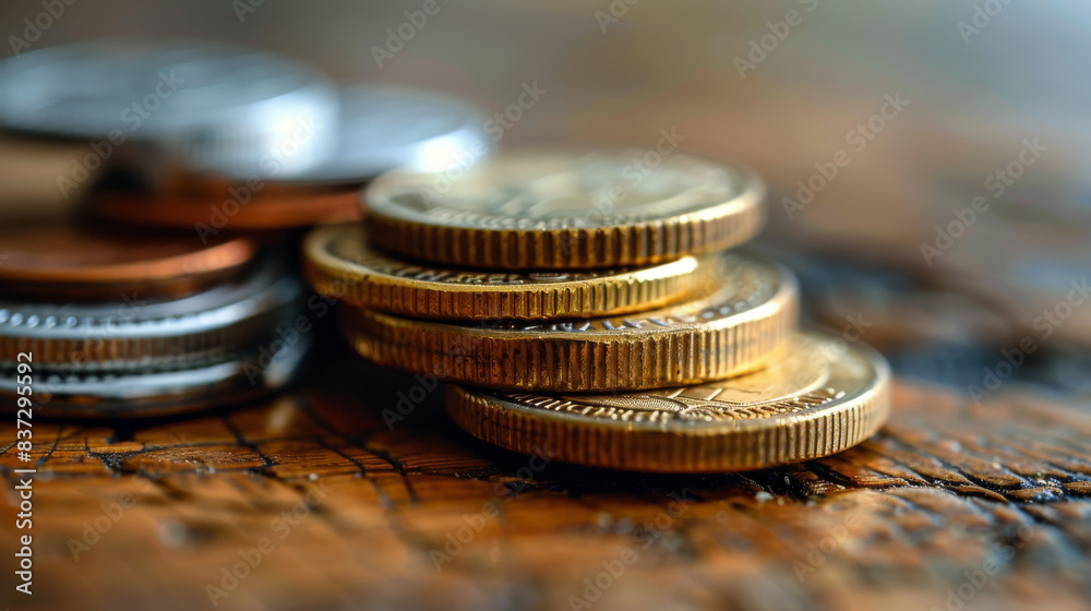 Close Up of Gold Coins Stacked on Wooden Table Close Up of Gold Coins Stacked on Wooden Table