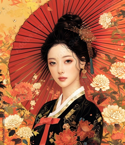 Elegant Asian Woman in Traditional Hanbok with Red Umbrella and Flowers