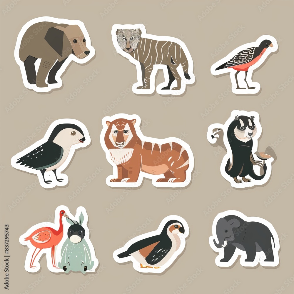 Cute cartoon woodland animals in sticker style on a biege background, ideal for children's designs, educational materials, and playful decor Cute cartoon woodland animals in sticker style on a biege background, ideal for children's designs, educational materials, and playful decor