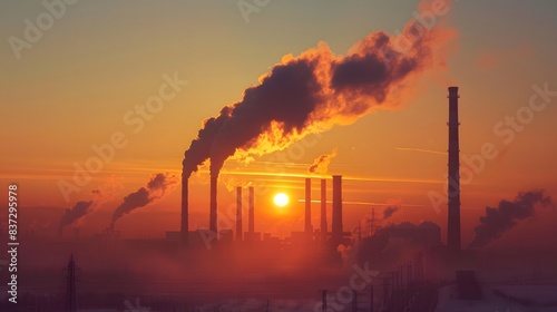 Winter sunset, silhouetted power plant with smoke from burned coal pipes visible