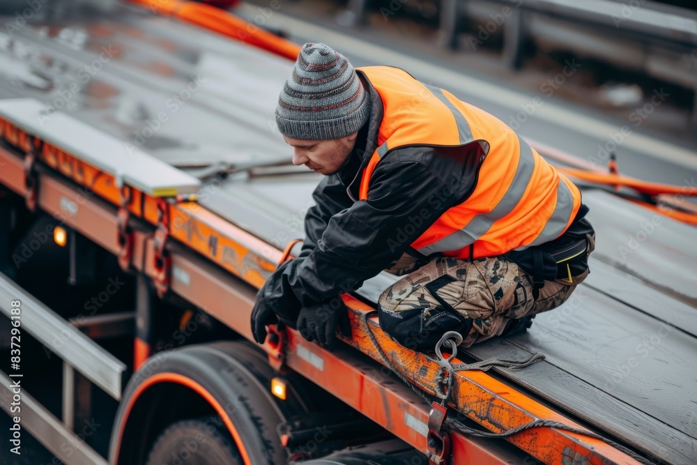 Truck Driver Securing Cargo on Flatbed Truck Emphasizing Safety in Road Logistics