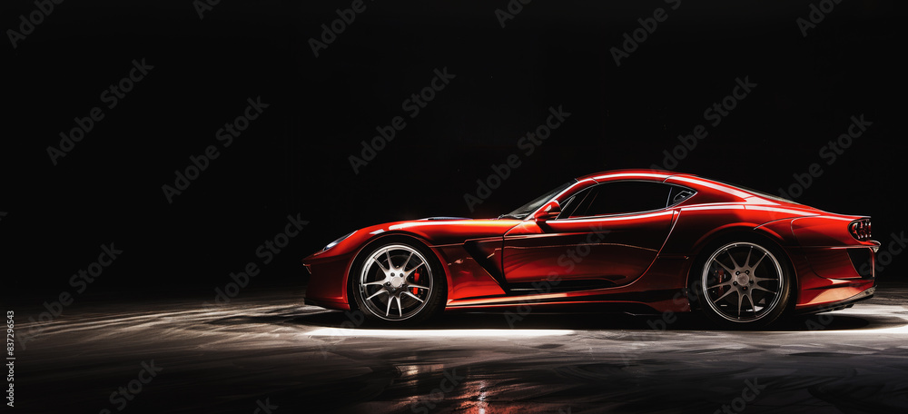 Sleek red sports car in dark studio setting Sleek red sports car in dark studio setting