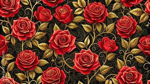 Elegant red roses on a black and gold background seamless pattern photo