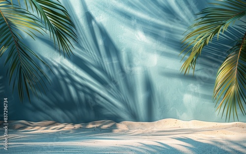Palm Fronds and Sand With Blue Background and Sunlight Shadows
