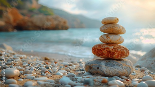 Balanced Rocks on a Beach With Ocean and Rocky Coastline in the Background