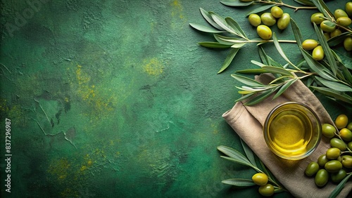 Background olive branch on green backdrop with green olives and olive oil, accompanied by a green banner with copy space photo
