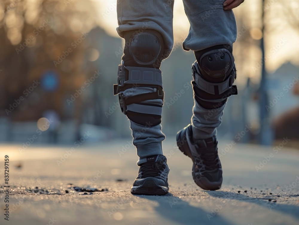Male wearing knee support is ambulating with visible discomfort, suggesting recovery from knee injury Male wearing knee support is ambulating with visible discomfort, suggesting recovery from knee injury