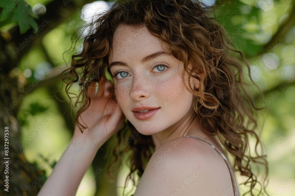 Woman with Curly Hair and Freckles Outdoors. Generative AI. Woman with Curly Hair and Freckles Outdoors. Generative AI.