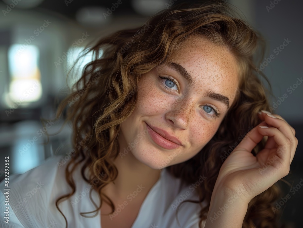 Obraz premium Smiling Woman with Freckles and Curly Hair. Generative AI.