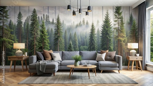 Incredible gray living room with upholstered furniture and a printed forest wall mural photo