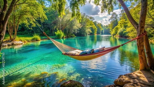 A tranquil setting for relaxation in a cozy hammock with pillows near a peaceful turquoise river