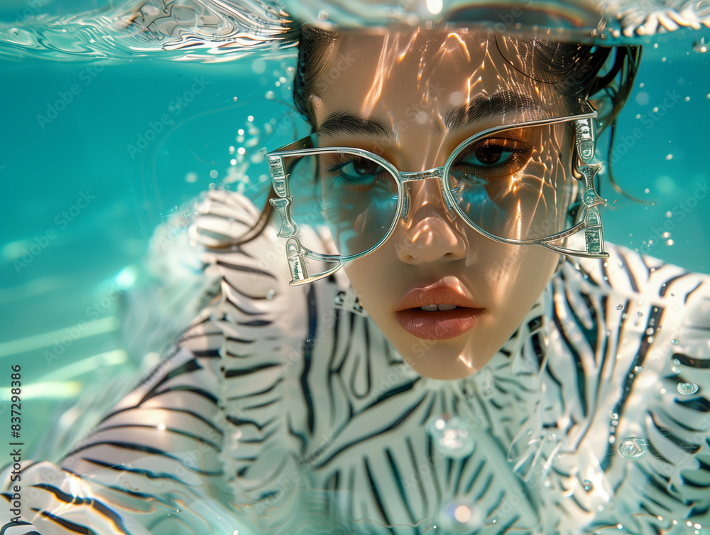 Underwater close-up of a fashion model in a striped ruffled outfit and transparent oversized glasses. High-fashion editorial concept showcasing surreal underwater elegance. Underwater close-up of a fashion model in a striped ruffled outfit and transparent oversized glasses. High-fashion editorial concept showcasing surreal underwater elegance.
