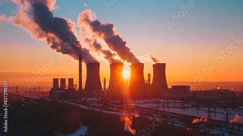 Winter sunset  silhouetted power plant with smoke from burned coal pipes visible