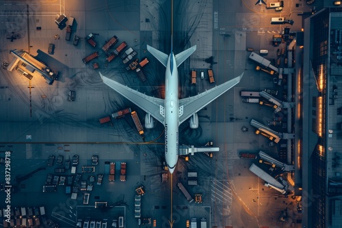 Aerial View of Busy International Airport Cargo Area with Planes Loading and Unloading Goods for Transport
