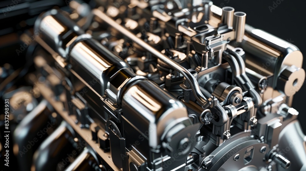 A visual layout showcases a cut metal engine. A visual layout showcases a cut metal engine.
