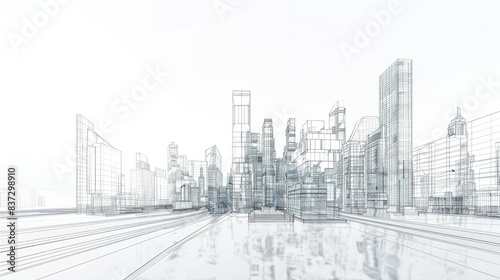 A wireframe cityscape showcases low-polygon cities and buildings in the business district, featuring tall structures, rivers, and roads in a 3D rendering. #837298910