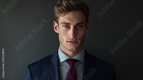 A portrait of a poised and facing forward guy , wearing a bespoke navy suit with subtle pinstripes, a light grey shirt, and a sophisticated burgundy tie