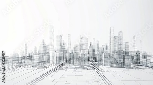 A wireframe cityscape showcases low-polygon cities and buildings in the business district  featuring tall structures  rivers  and roads in a 3D rendering.