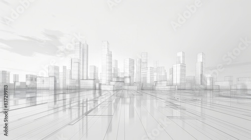 Fototapeta Naklejka Na Ścianę i Meble -  A wireframe cityscape showcases low-polygon cities and buildings in the business district, featuring tall structures, rivers, and roads in a 3D rendering.