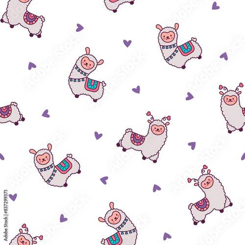 Cute kawaii little llama. Seamless pattern. Cartoon funny alpaca, animals character. Hand drawn style. Vector drawing. Design ornaments.